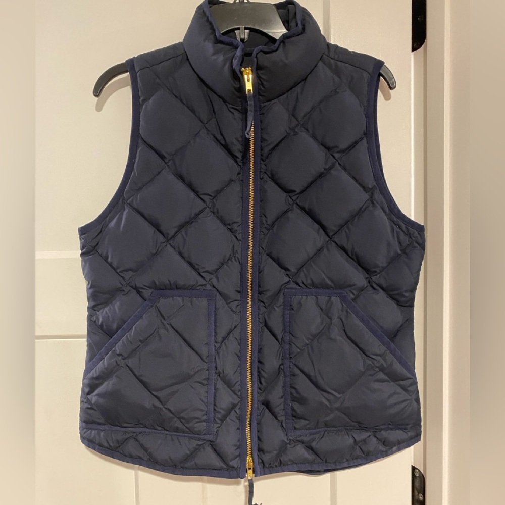 J. Crew navy down vest, size medium.